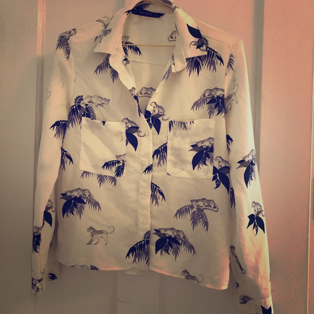 Zara button up shirt blouse leopard puma print